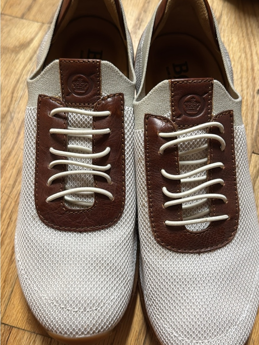 Born Men’s Cream Knit Slip-On Loafers with Brown Leather Trim